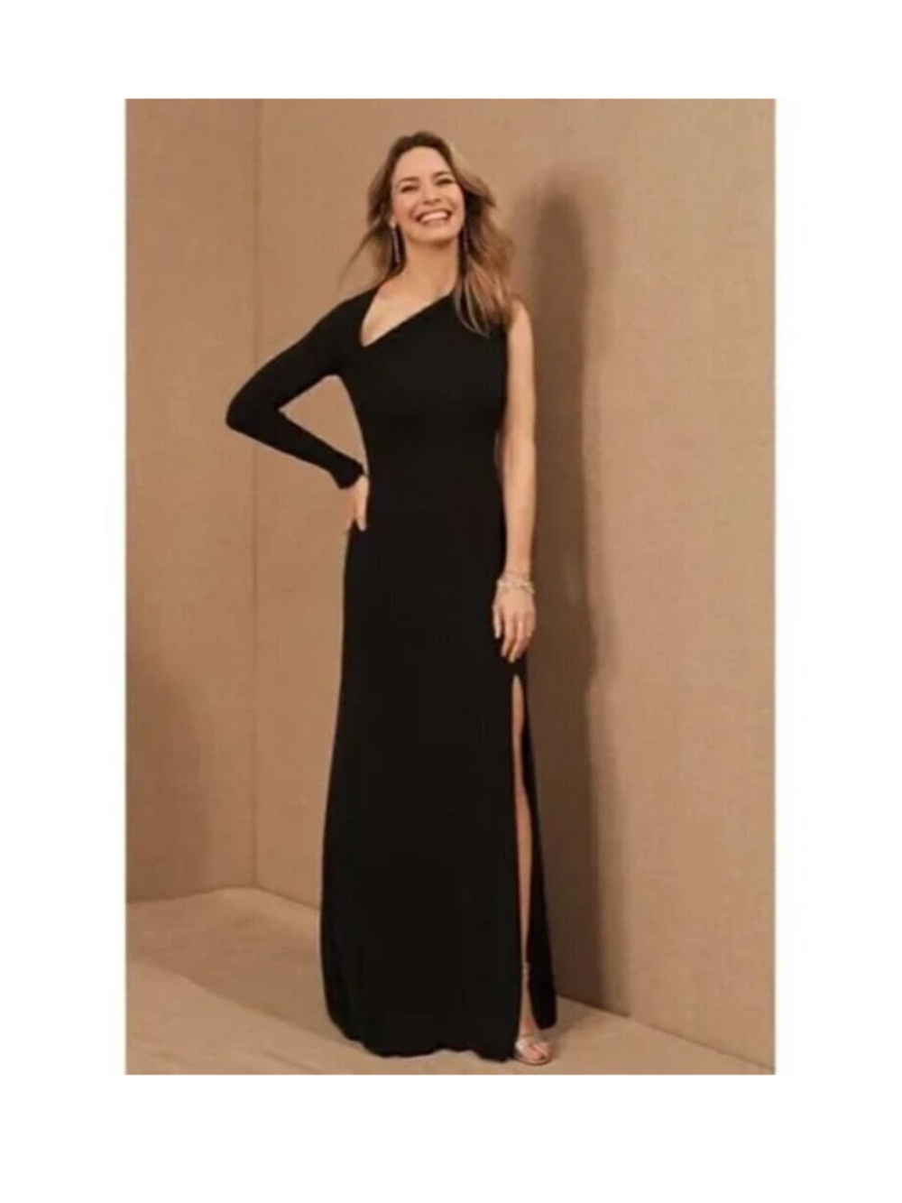 Betsy & Adam Black One-Shoulder Gown SZ 4 Asymmetrical Long Sleeve Slit NWT GALA